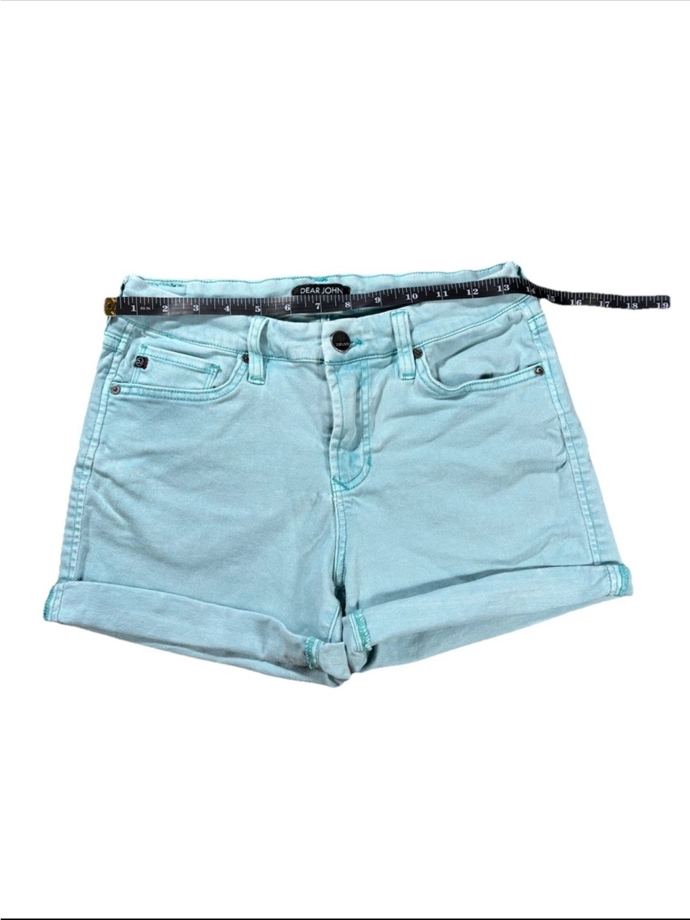 Dear John Tiffany Blue Teal Denim Roll-Cuff Women's Shorts - Picture 5 of 8